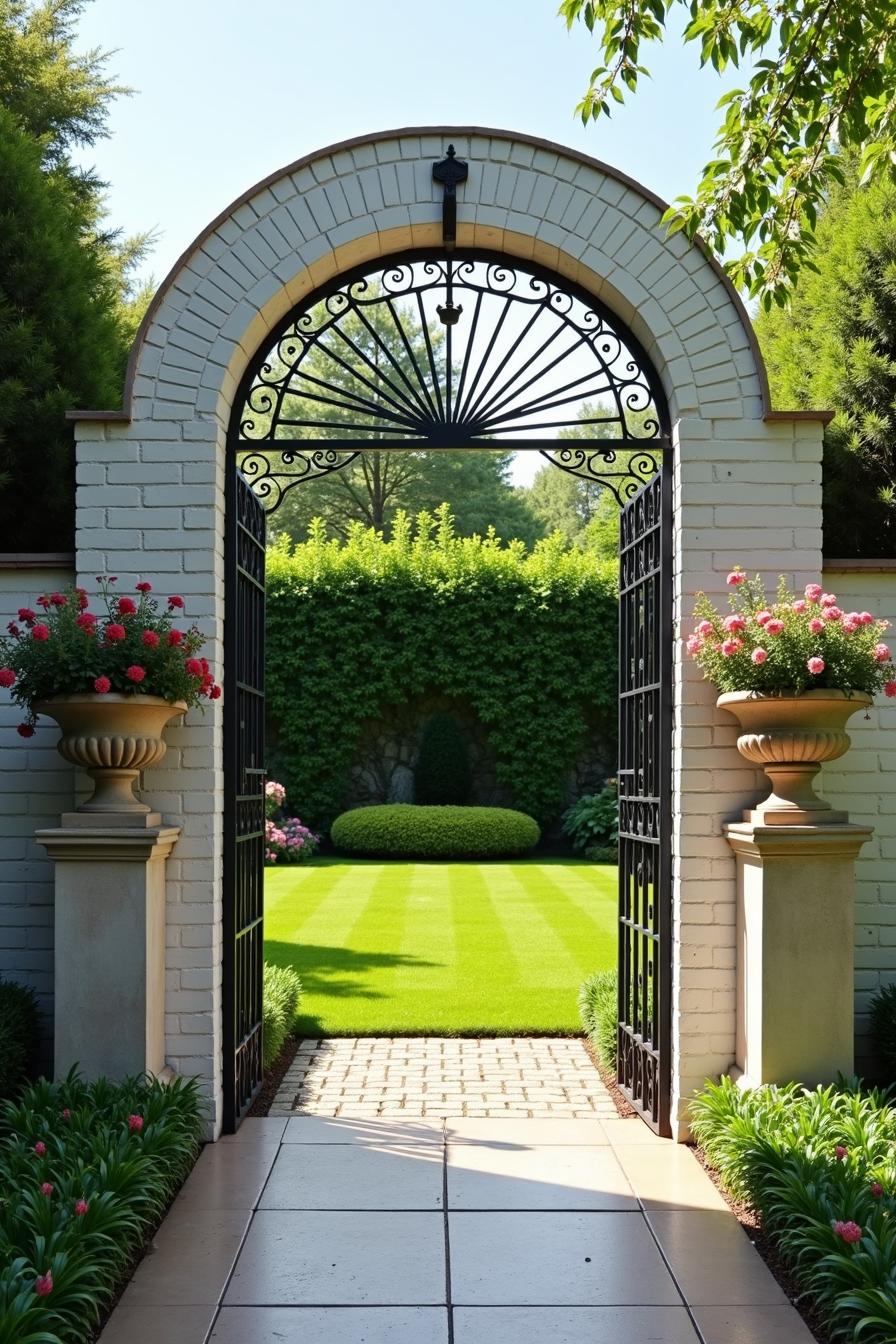 Ornate wrought iron gate framed by flower urns