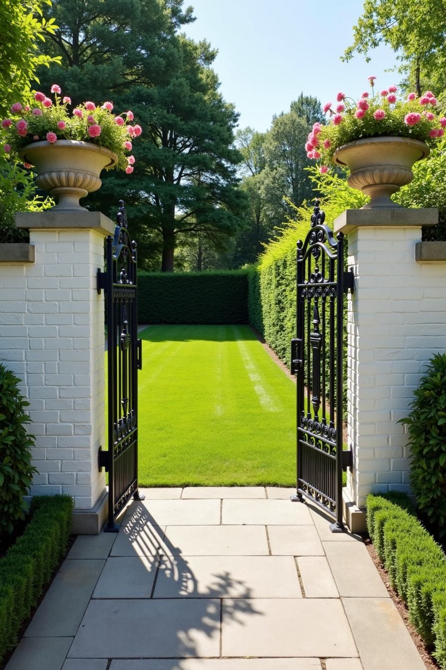 Iron gate with stone pillars leads to a manicured lawn