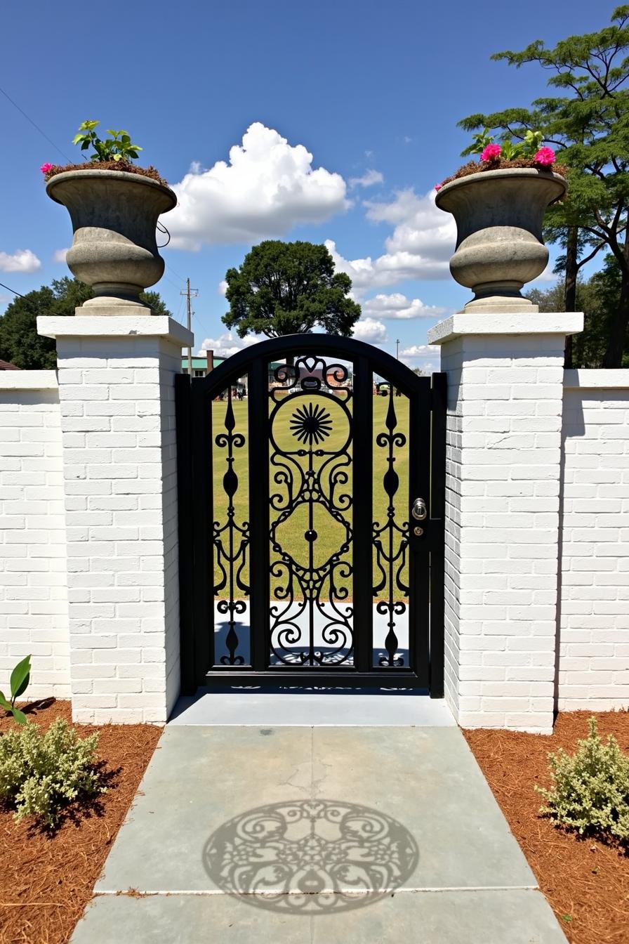 Ornate black metal gate with floral shadow