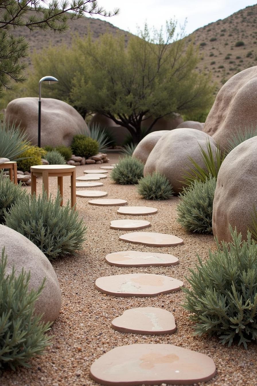 Stone path winding through desert garden with large rocks and shrubs