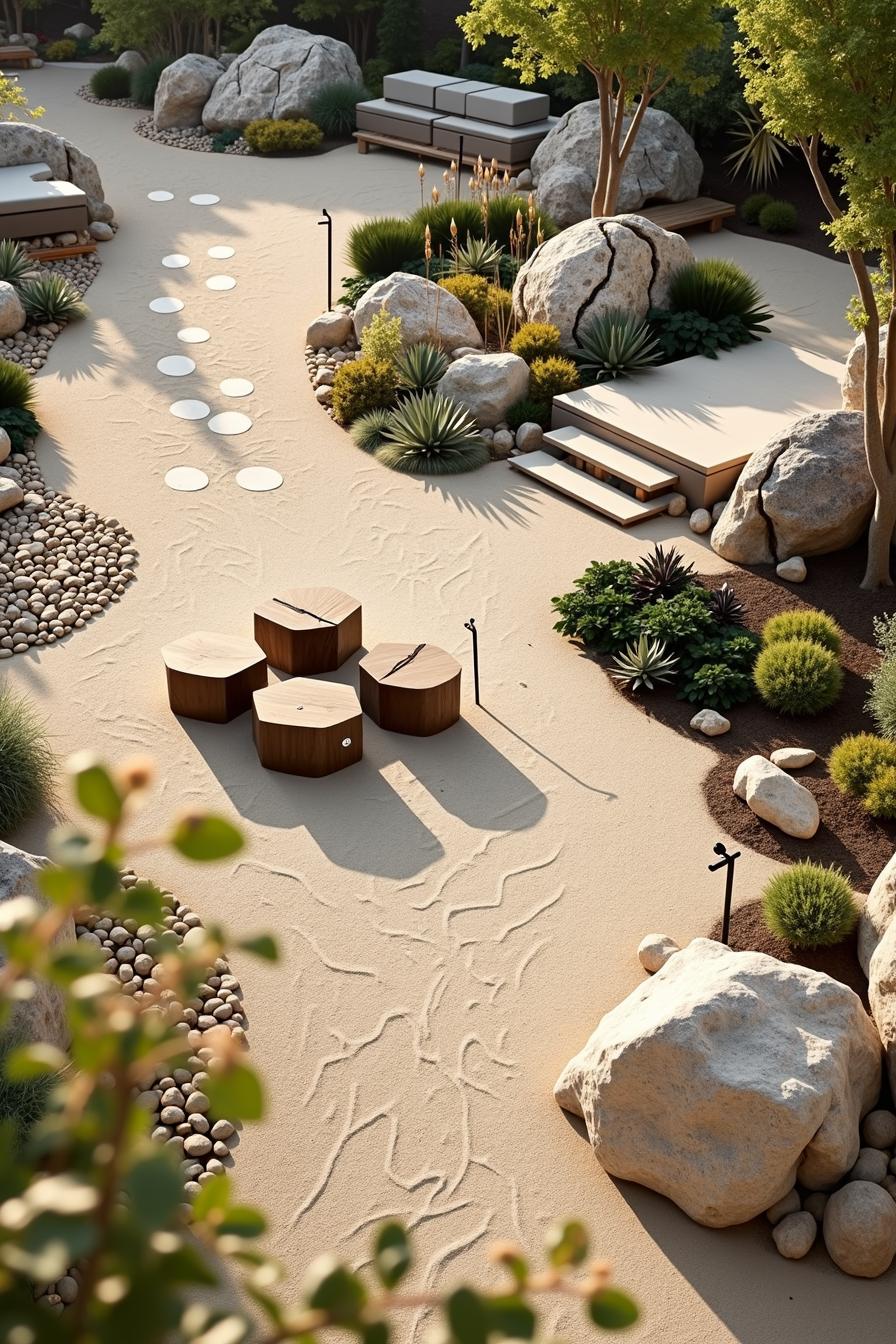 Modern garden with sand, rocks, and plants