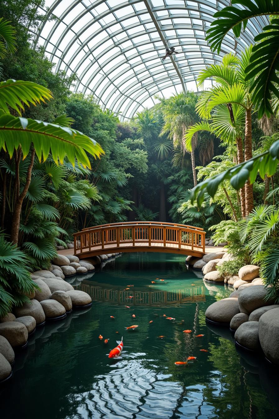 Koi pond with a wooden bridge in tropical setting