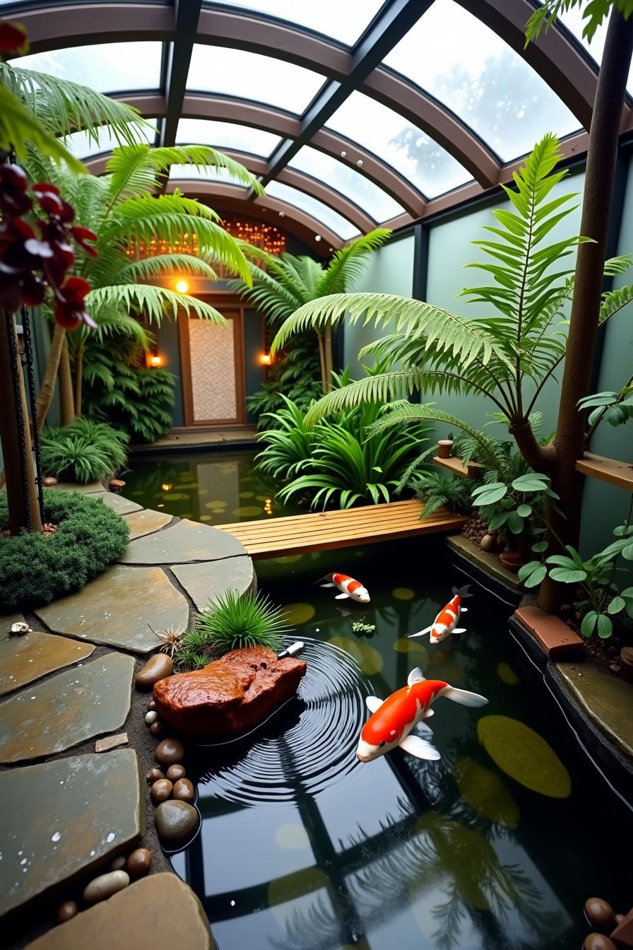 Koi pond with tropical plants under a curved glass roof