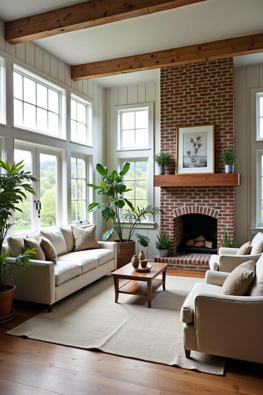 Rustic brick fireplace with cozy seating and greenery