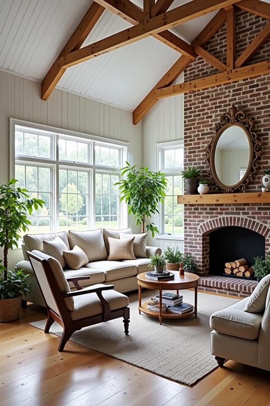 Warm and inviting farmhouse living room with a charming fireplace and wooden beams