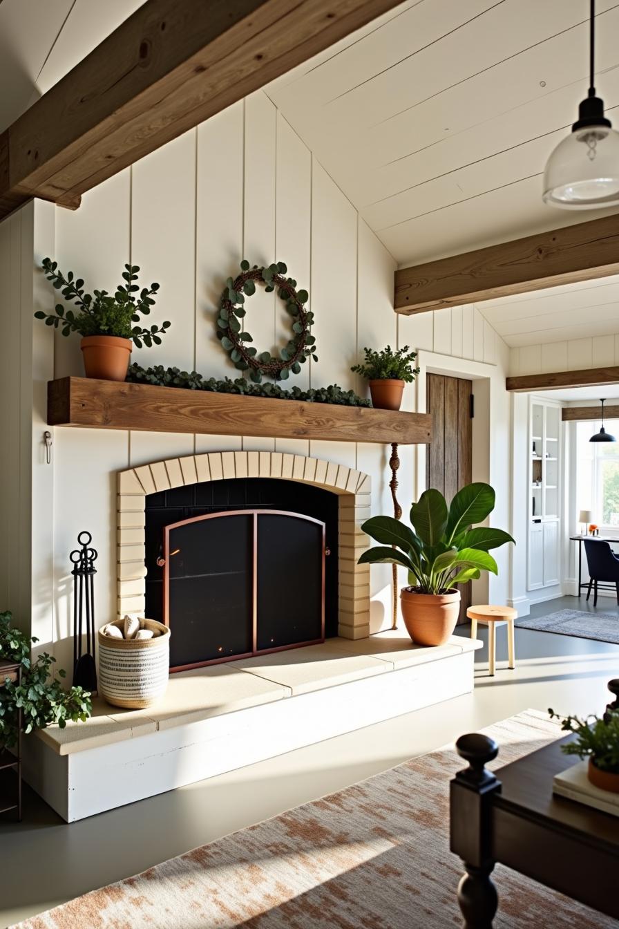 Rustic farmhouse fireplace with plants and wooden mantel