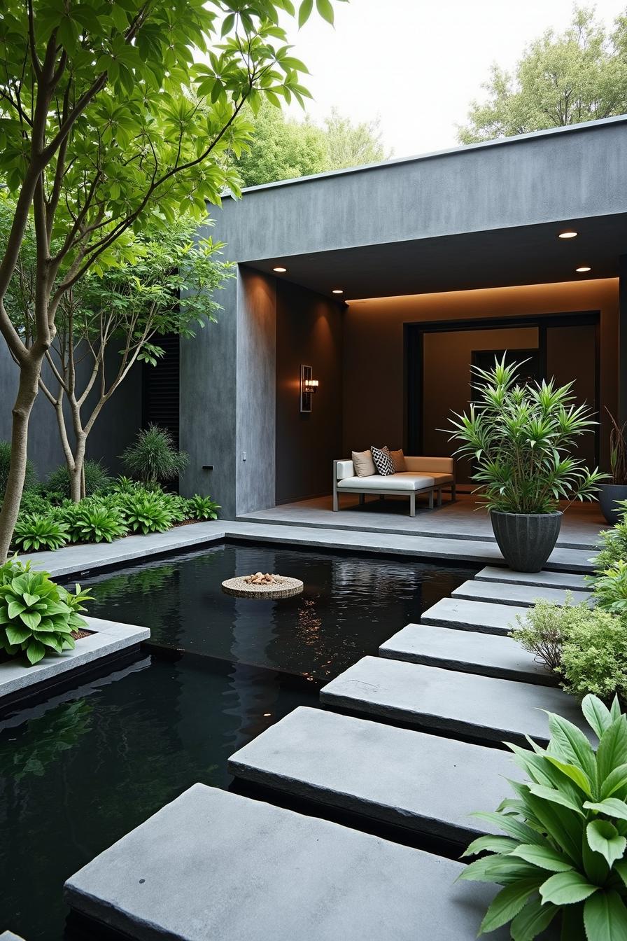 Modern patio with koi pond and stepping stones