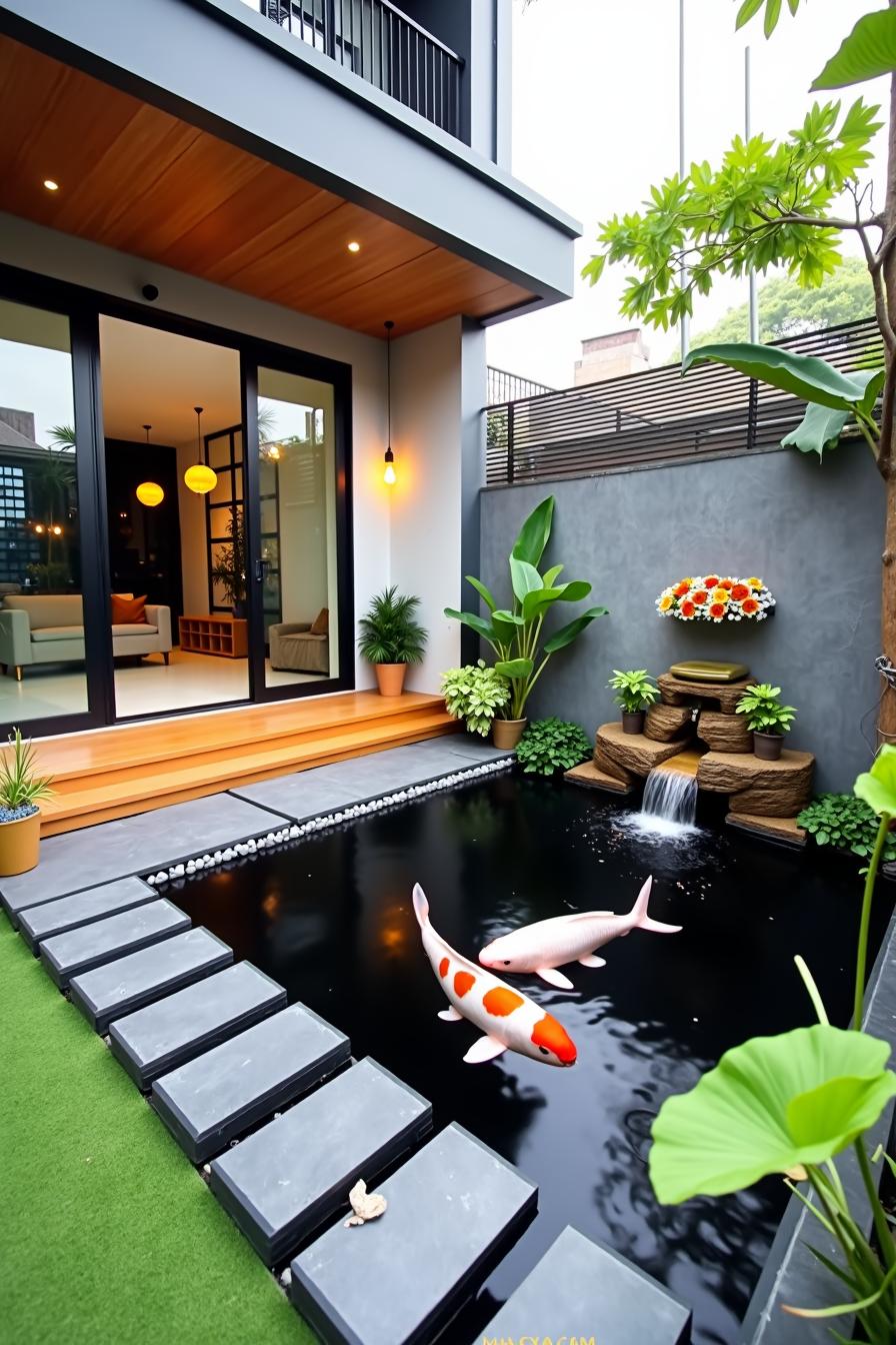 Stylish koi pond with stepping stones and greenery