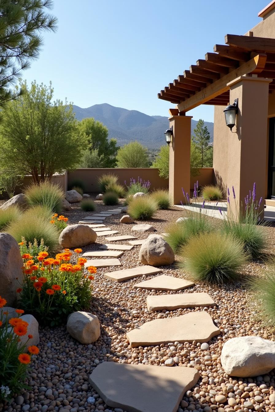 Stone pathway surrounded by desert plants and flowers