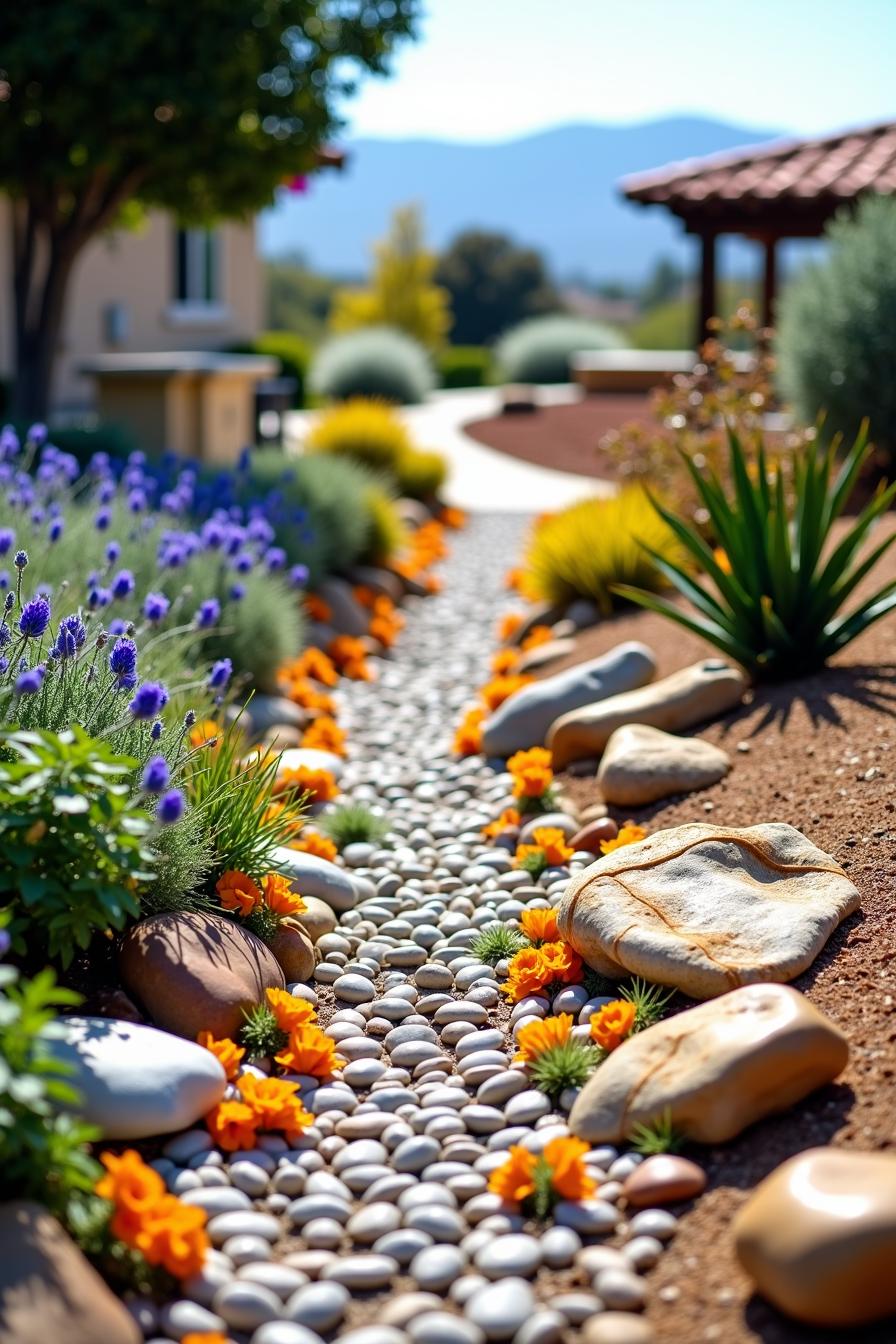 Colorful pebbles and vibrant plants create a dry garden path