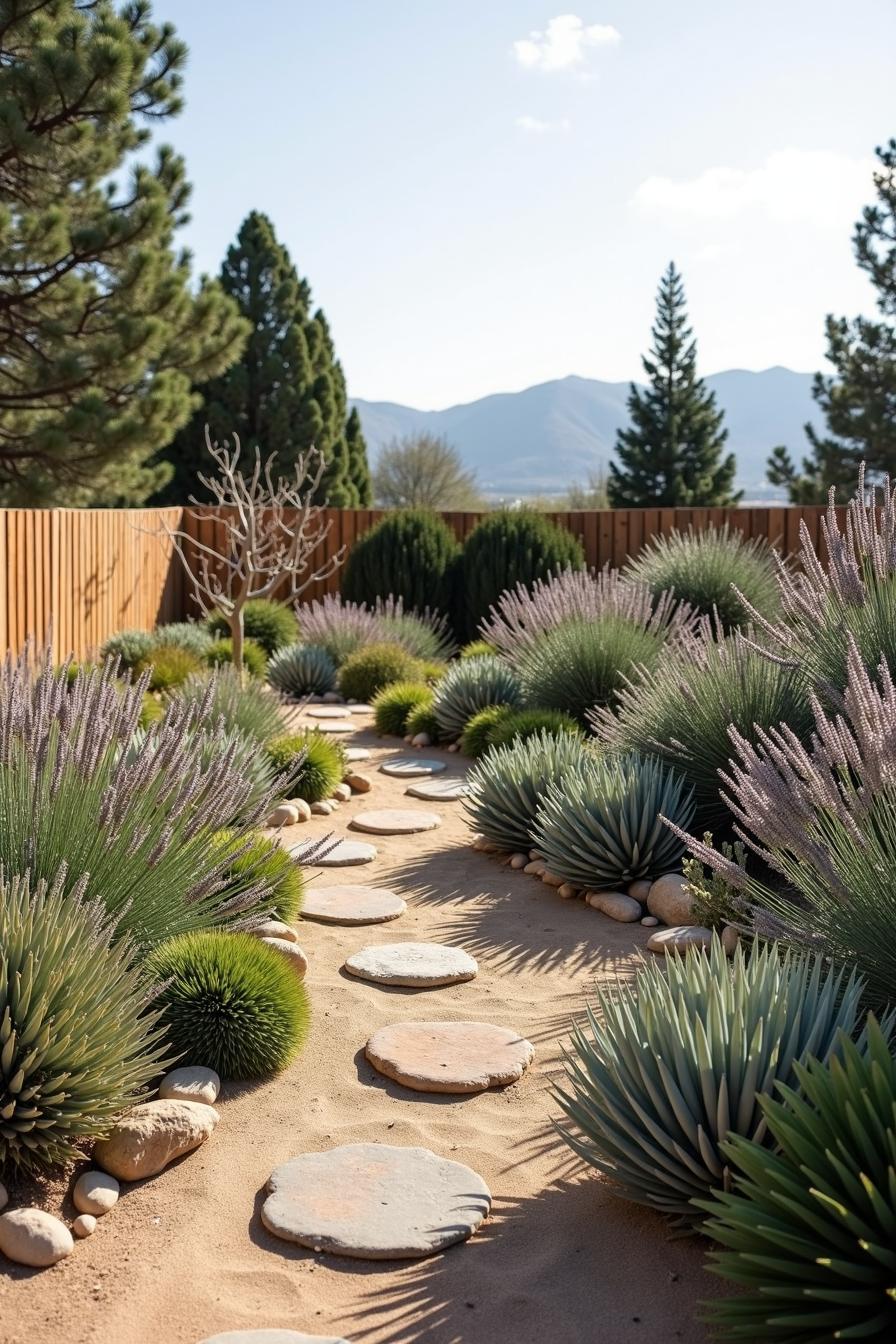 Round stone pathway amidst desert plants