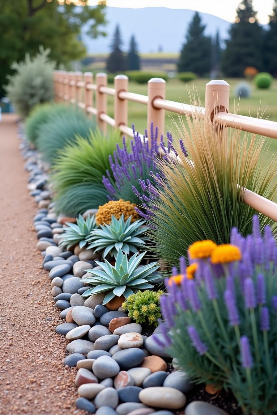 Vibrant plants and smooth pebbles line a rustic path