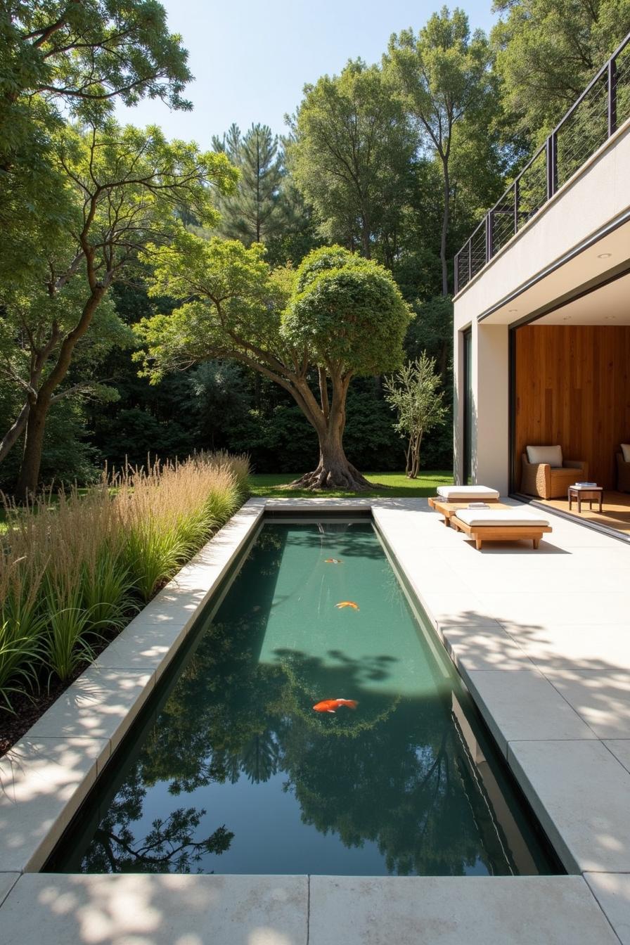 Sleek koi pond with trees and stylish deck