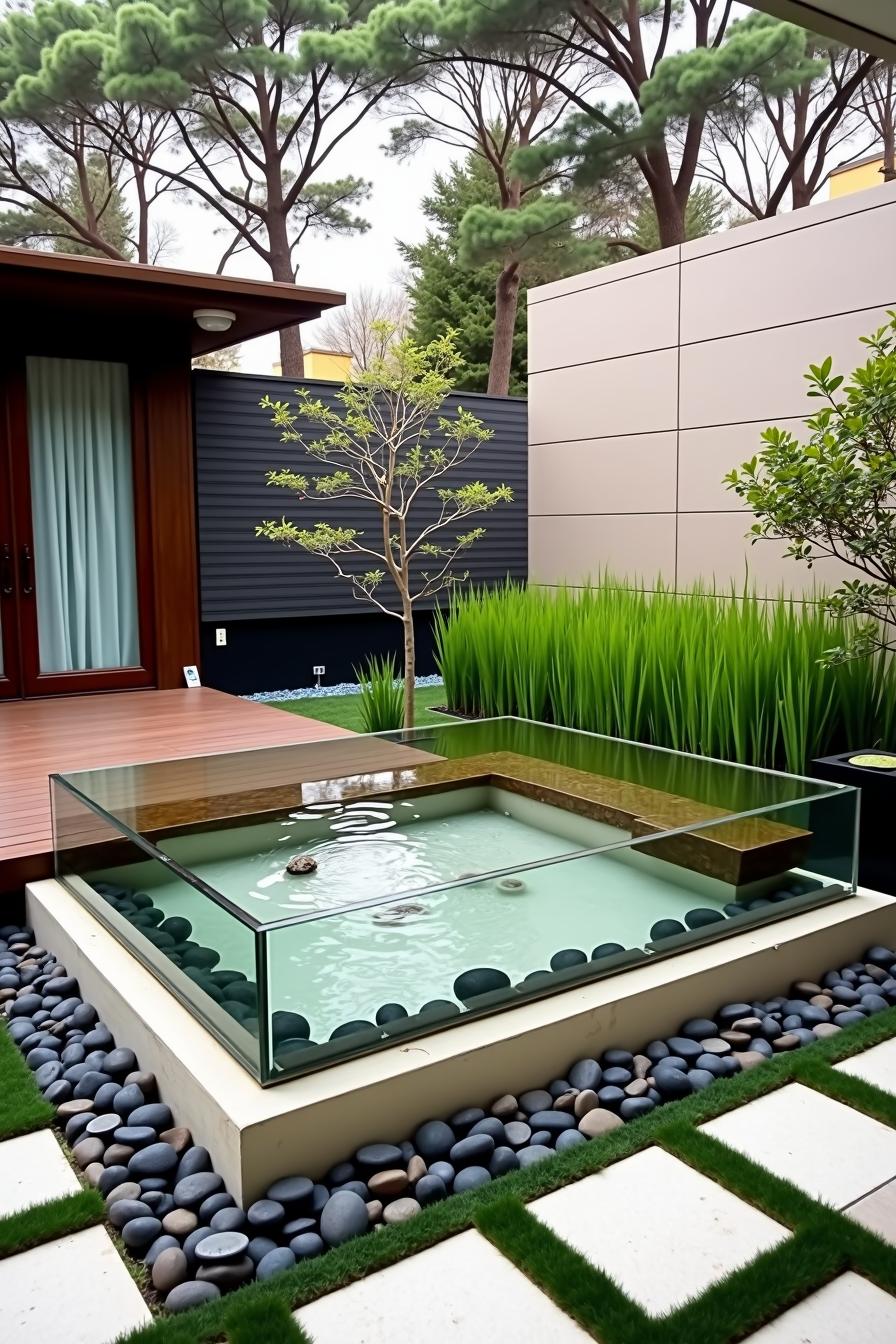 In a contemporary backyard garden a sleek koi pond with clear geometric lines defines the tranquil aesthetic. Tall grasses and small trees complement