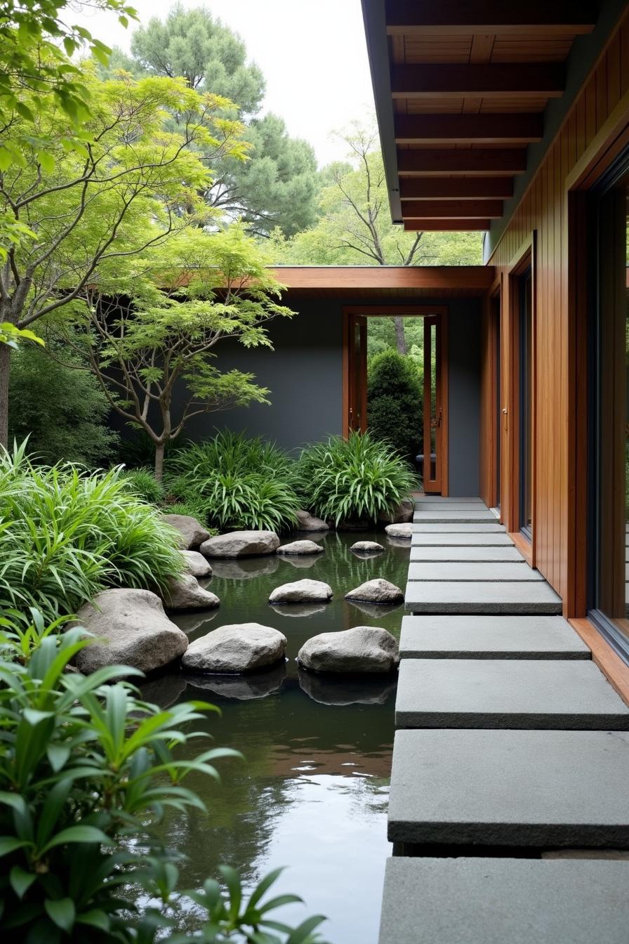 Stone pathway over koi pond with lush greenery