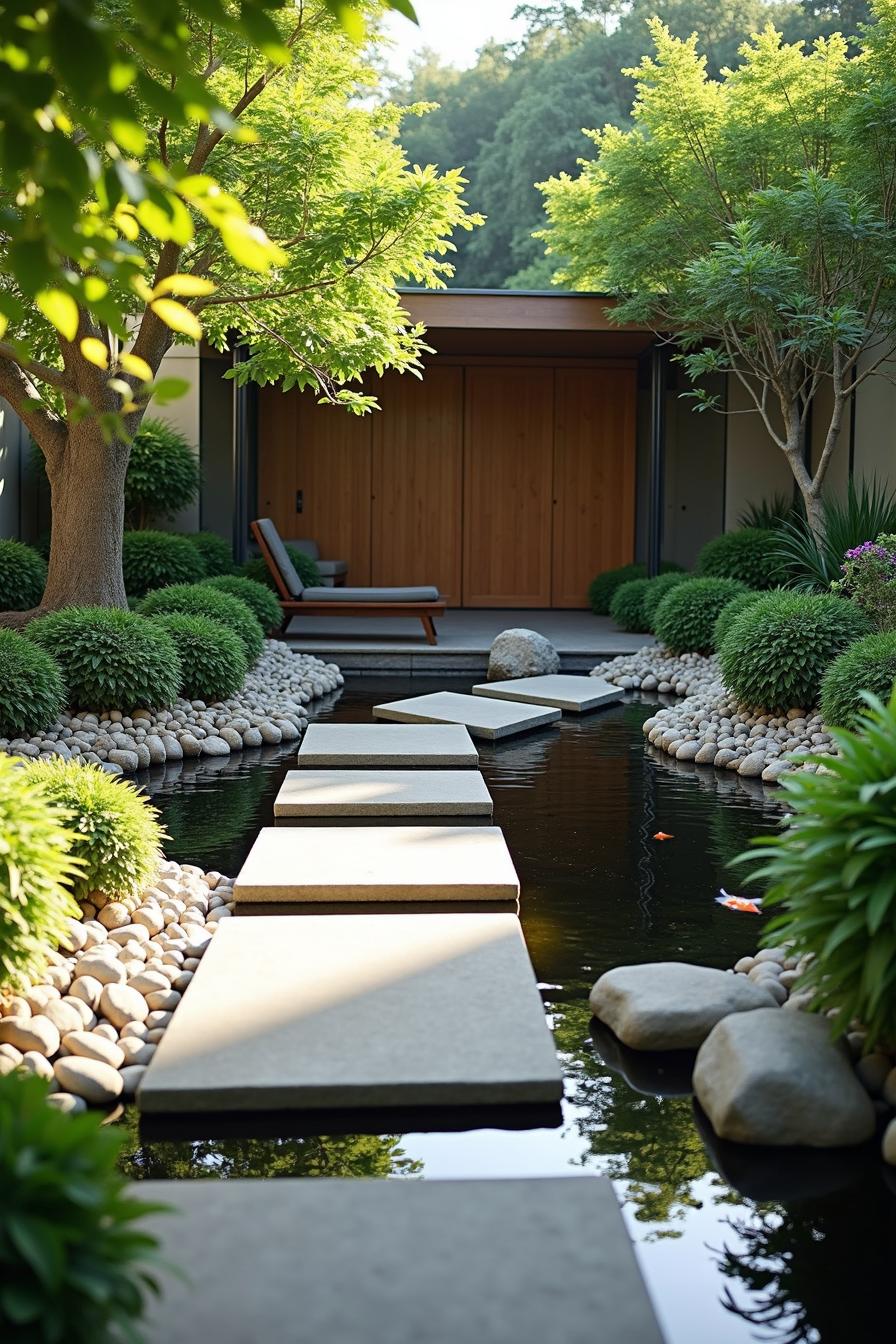 Stepping stones lead over a serene koi pond surrounded by lush greenery