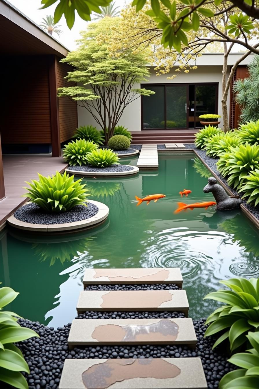 Chic koi pond with lush greenery and stepping stones