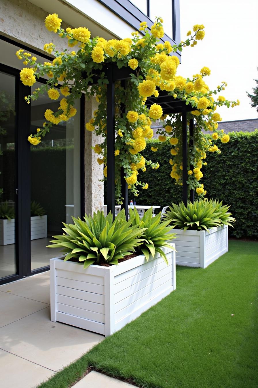 Yellow flowers cascading over a modern garden patio