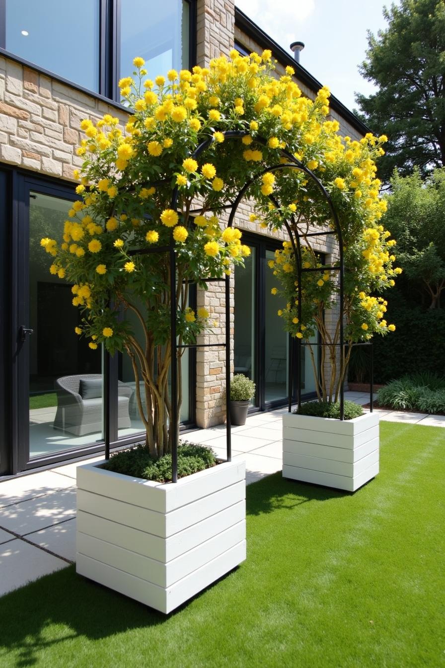 Archway with yellow flowers leading to a modern patio