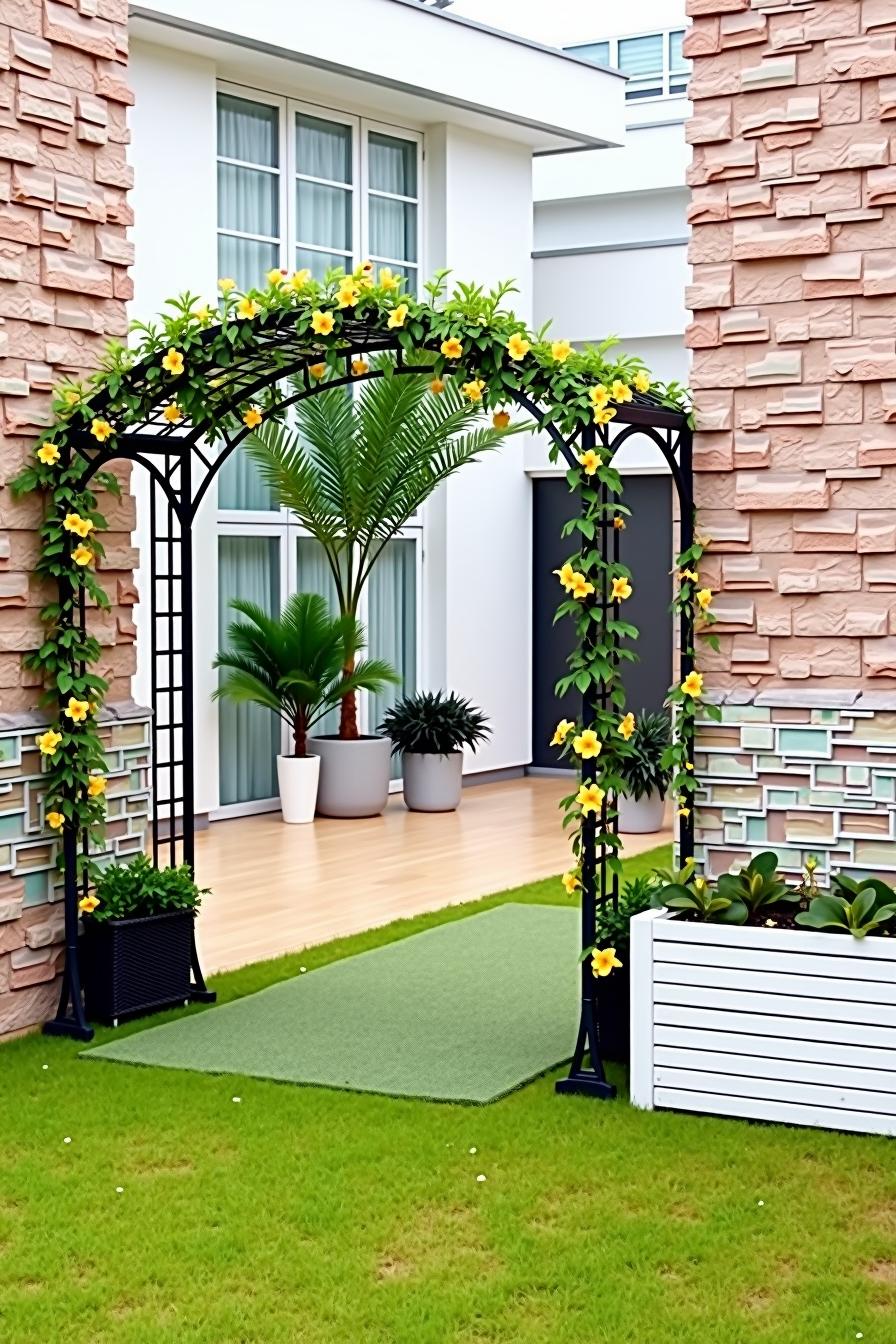 Iron arch adorned with yellow flowers leading to a modern porch