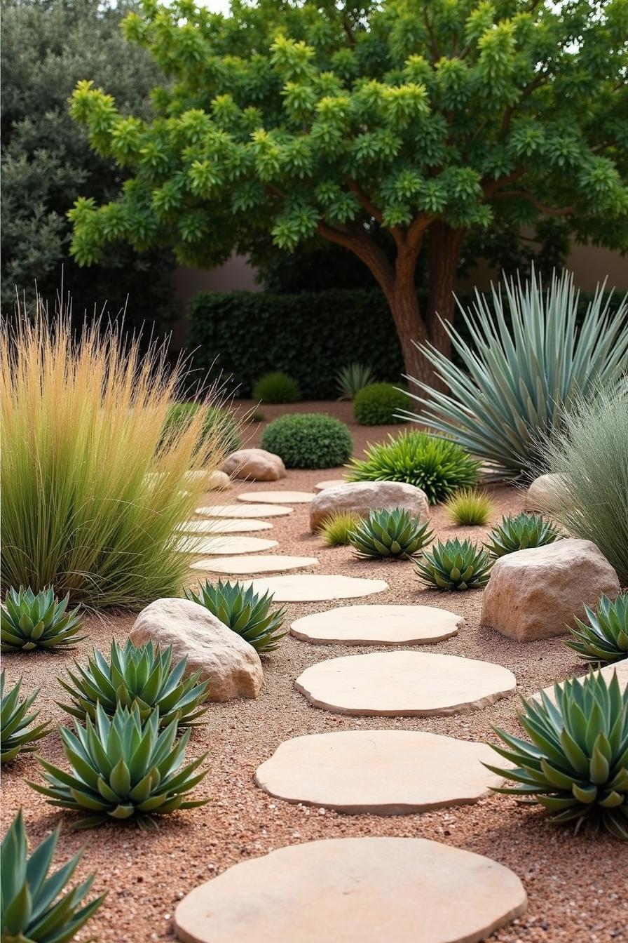 Stepping stones amidst lush desert flora