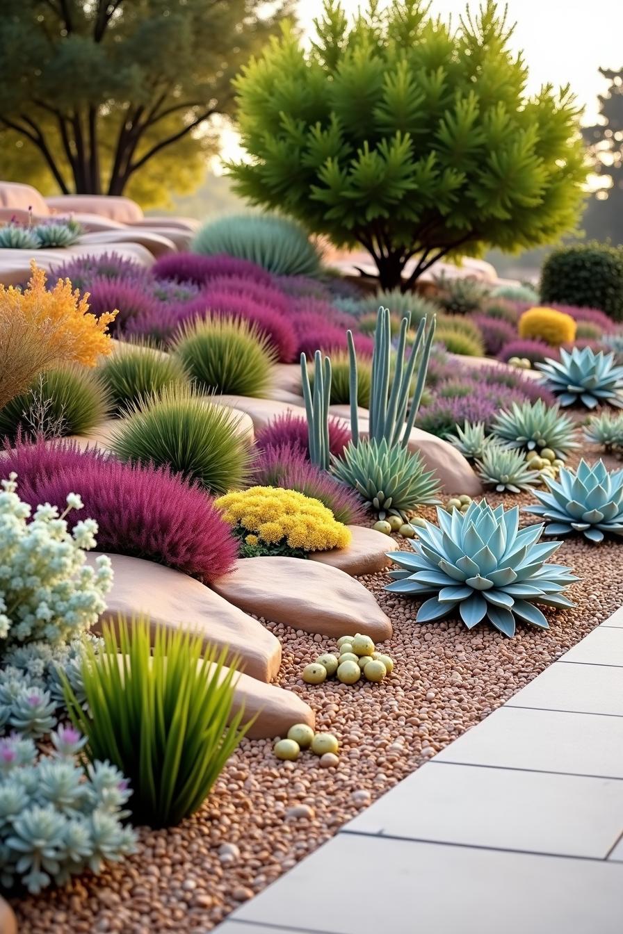 Colorful succulents and cacti in a dry garden setting