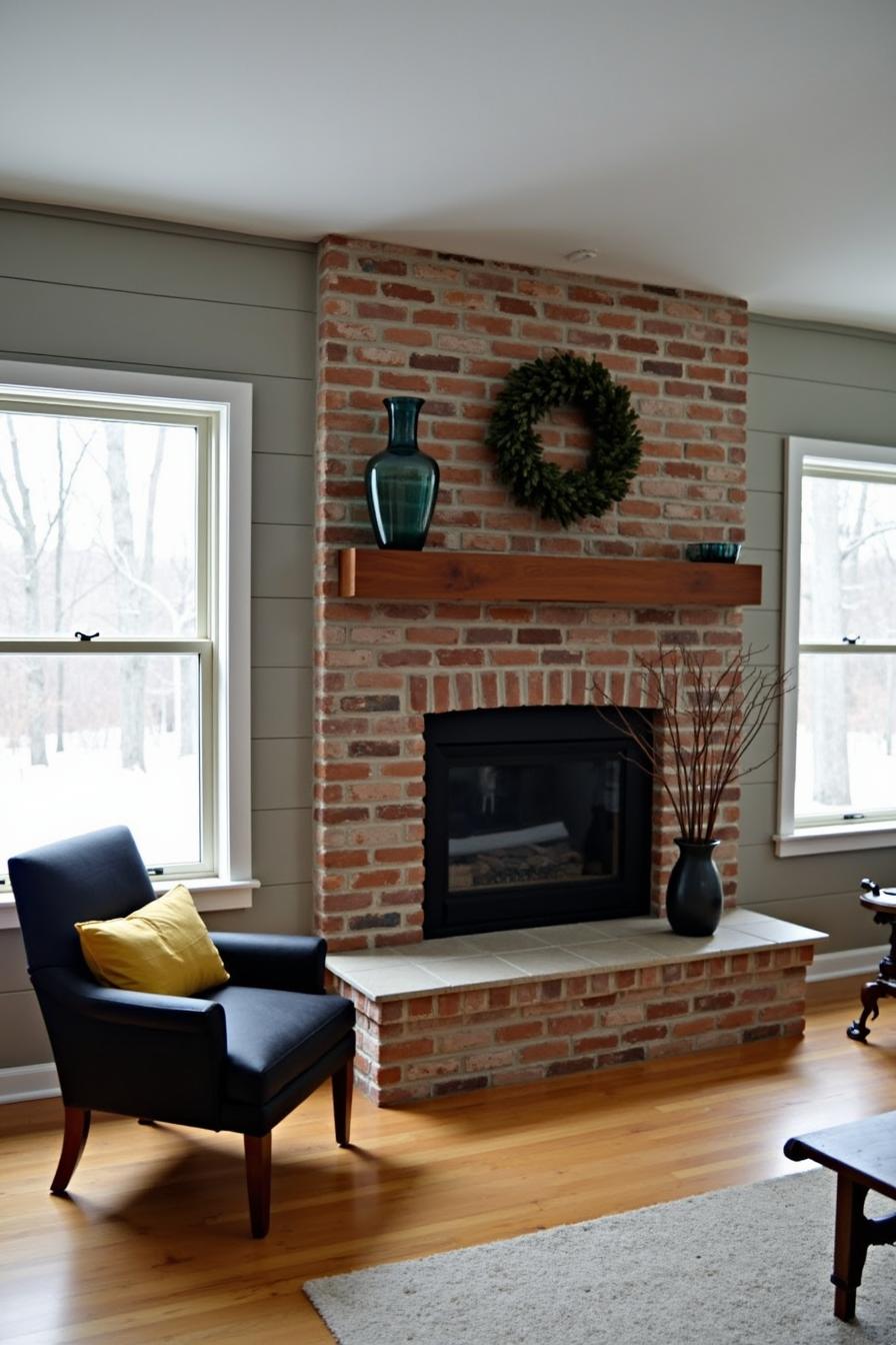 Rustic fireplace with brick surround and wooden mantel