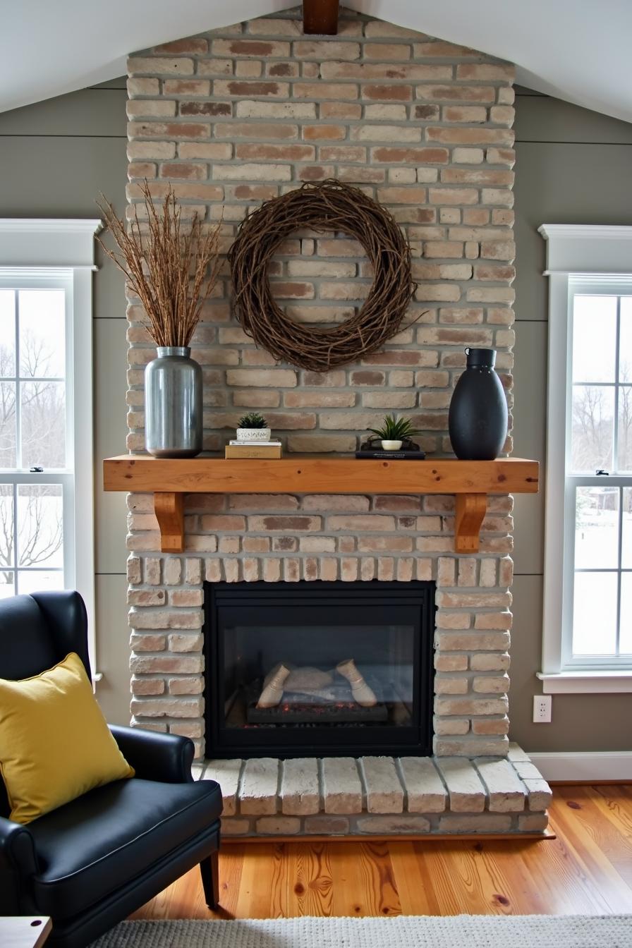 Rustic fireplace with a wooden mantel and brick surround