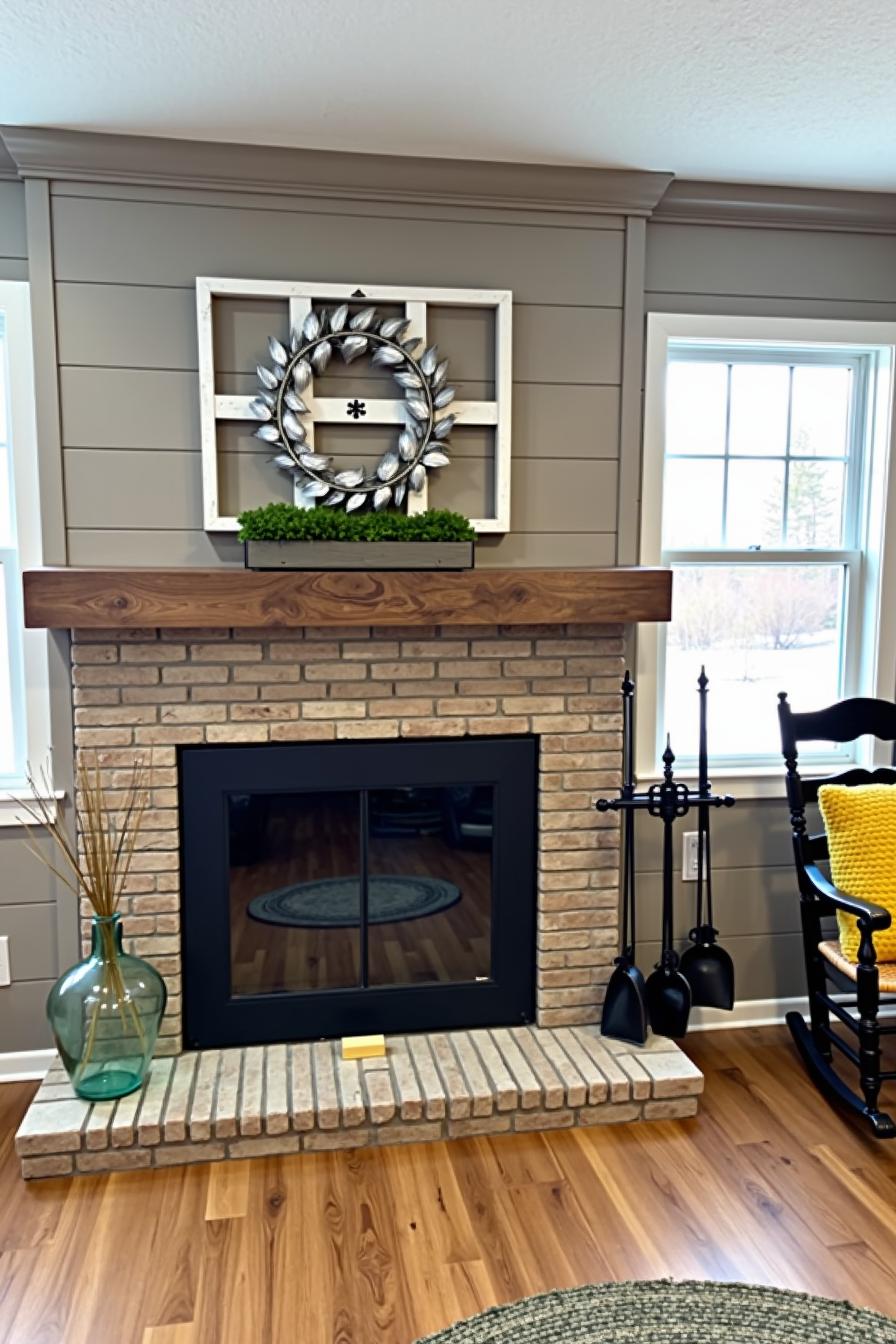 Brick fireplace with wooden mantel and wreath decor