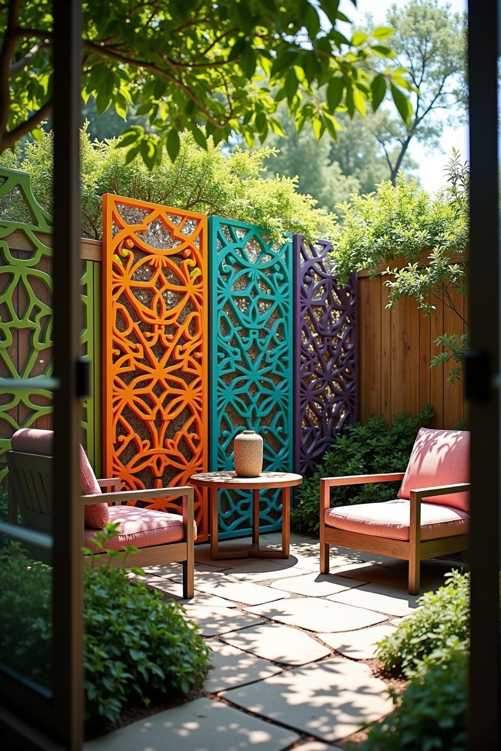 Colorful panels in a lush backyard seating area