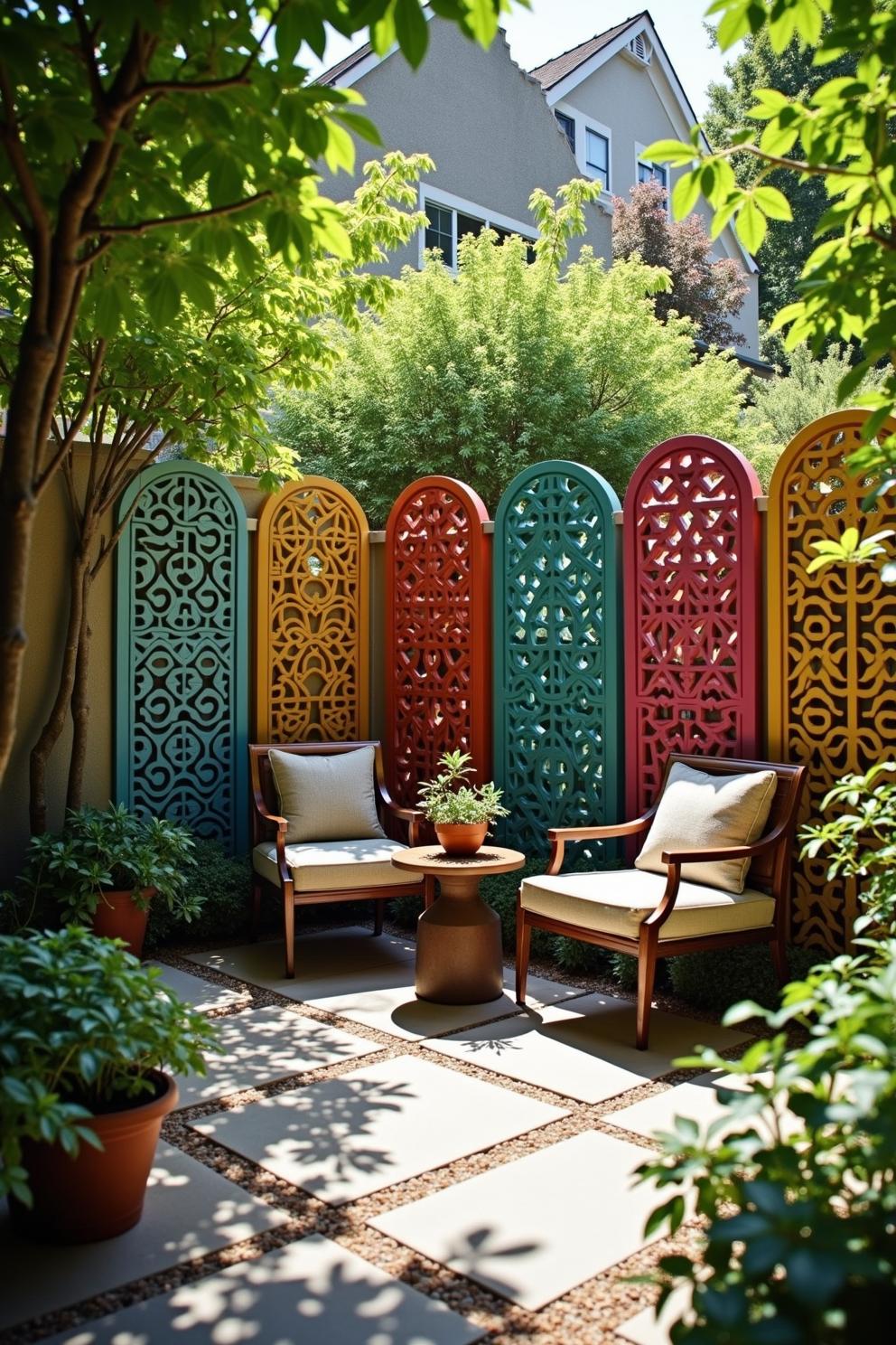 Cozy outdoor seating with patterned wall panels and greenery