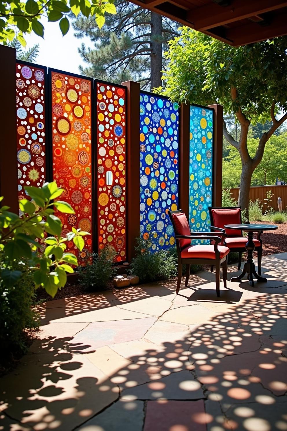 Colorful outdoor panels and seating in a sunny garden