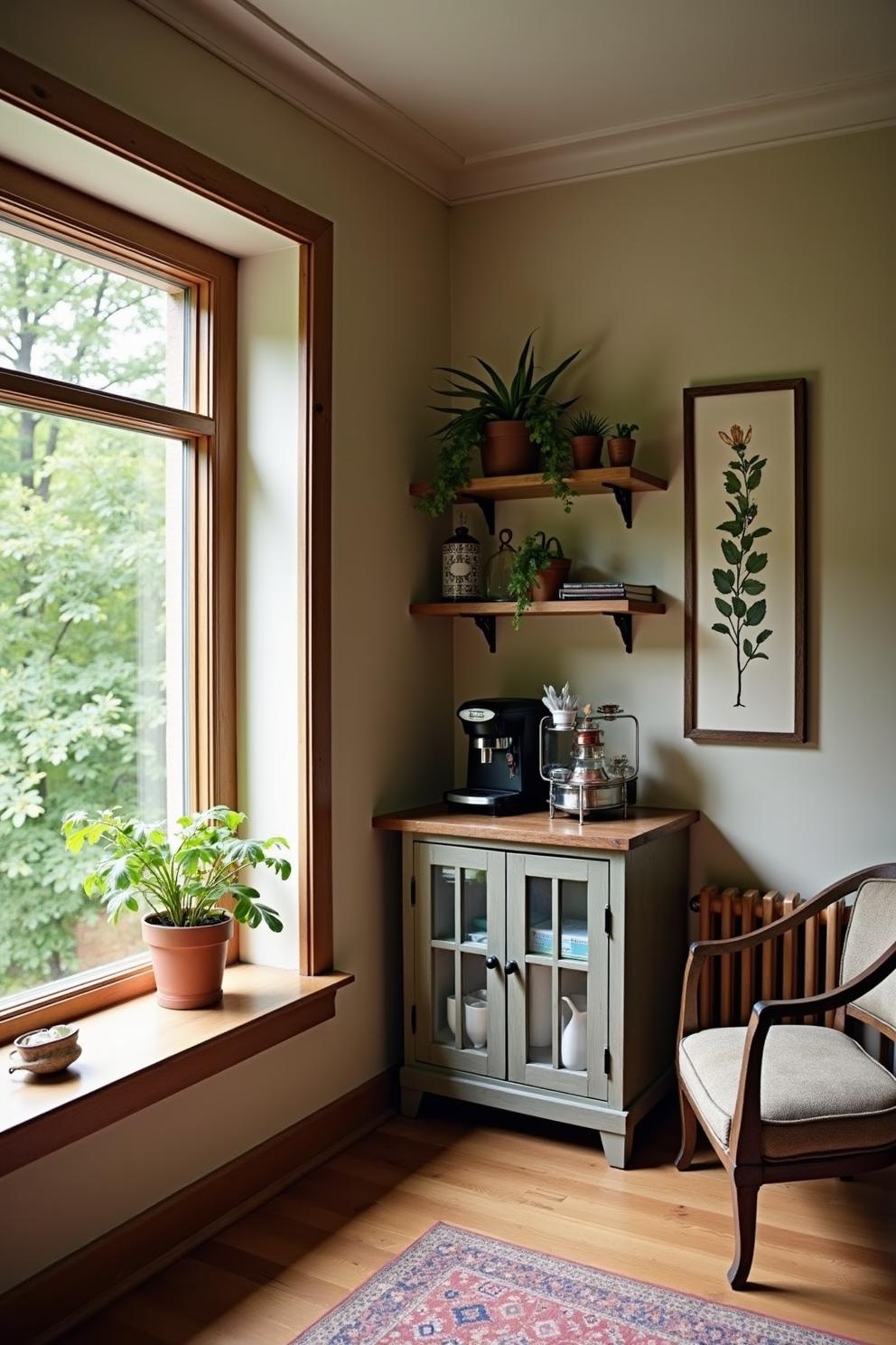 Coffee station with potted plants and a window view