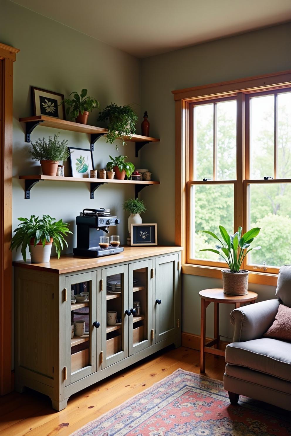 Compact coffee station with plants by a sunlit window