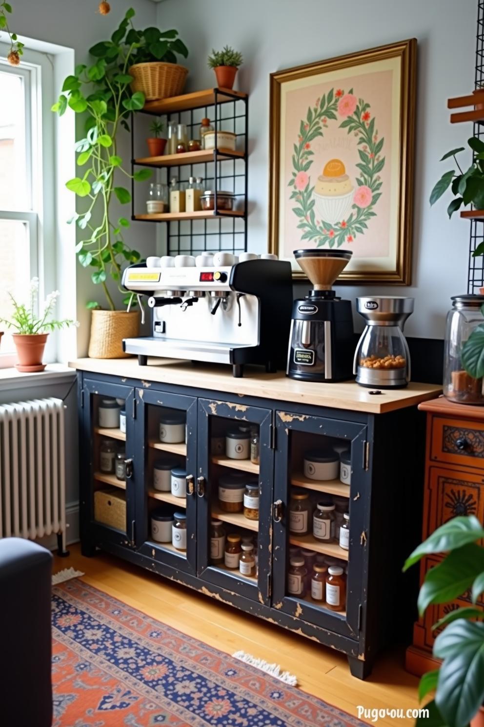 Vintage coffee station with plants and decor