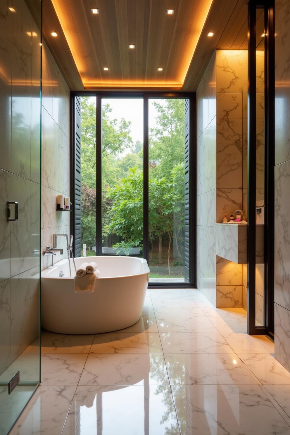 Luxurious bathroom with large window and nature view