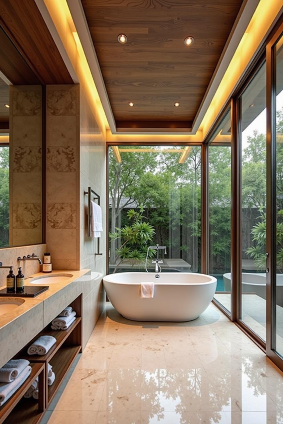 Spacious bathroom with large windows and outdoor views