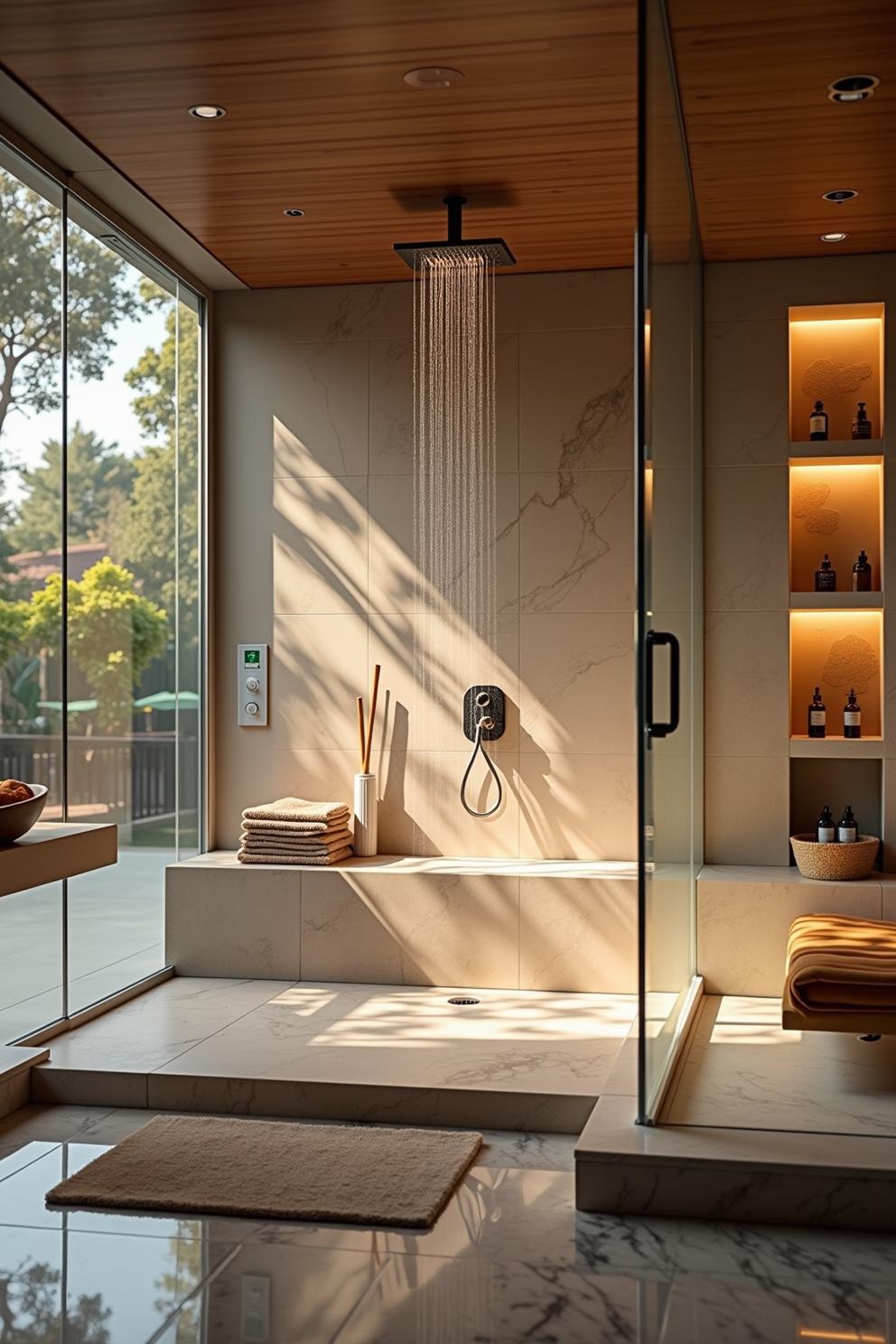 Modern bathroom with a large shower and warm lighting