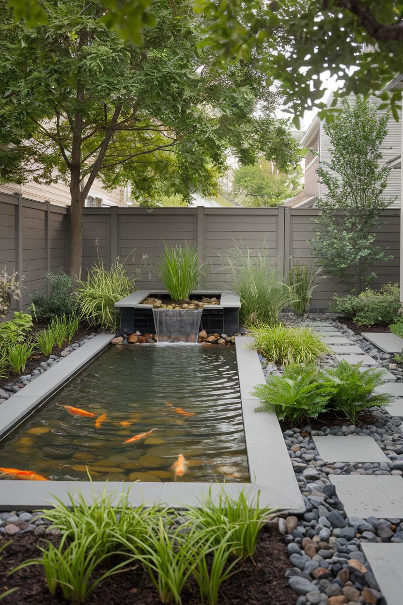 Rectangular koi pond with waterfall and stepping stones