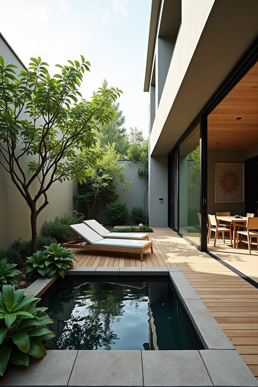 Contemporary koi pond with lounge chairs and lush greenery