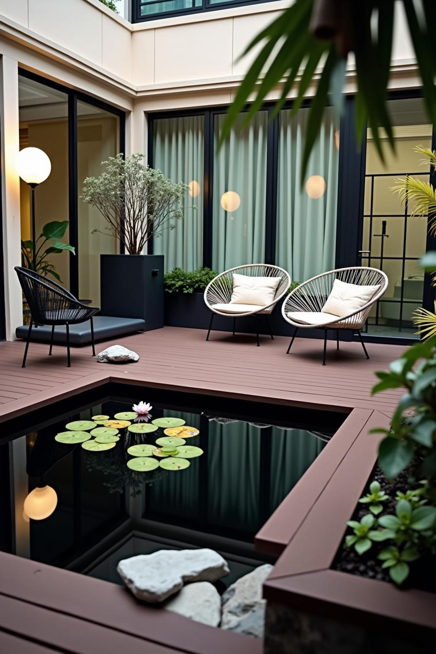 Stylish koi pond on a cozy wooden deck with comfy chairs