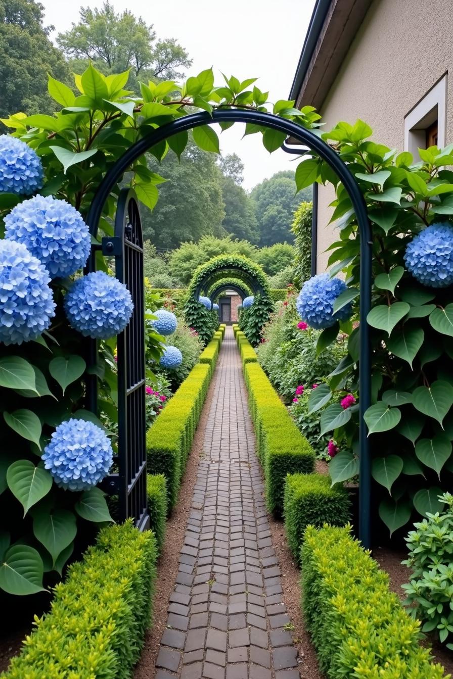 Metal archway adorned with vibrant blue hydrangeas and lush greenery