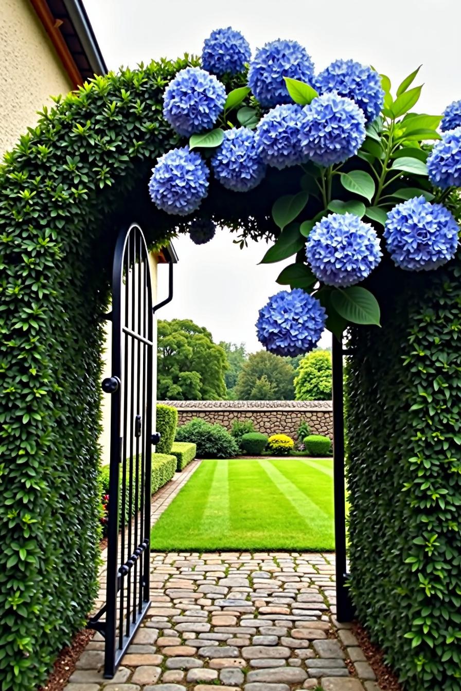 Ornate iron gate with lush blue hydrangeas overhead