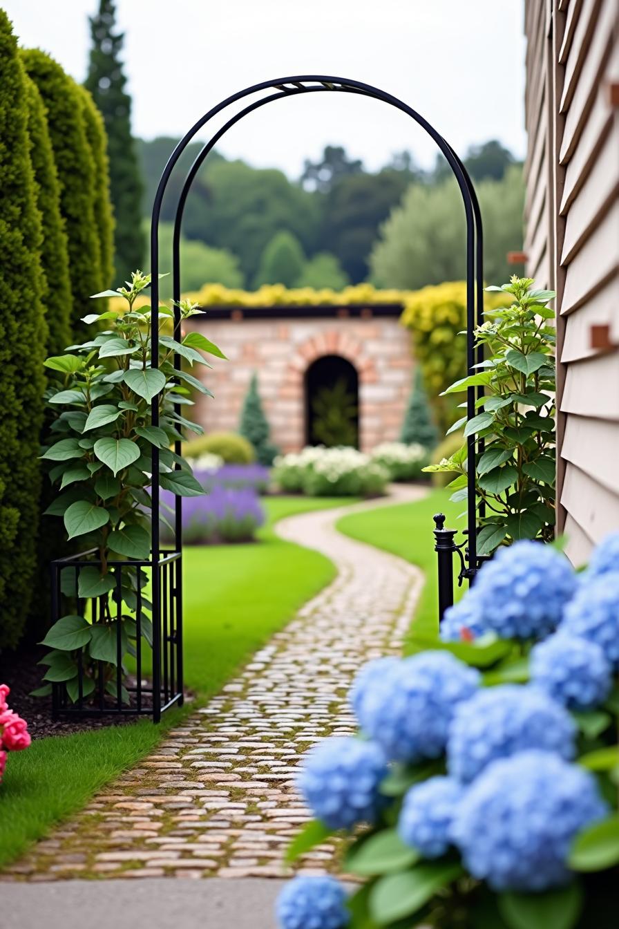 Iron garden archway leading to a cobblestone path with lush greenery