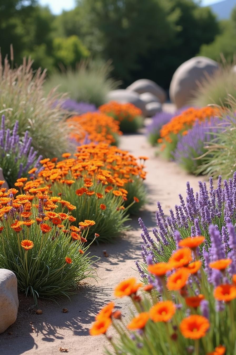 Pathway adorned with bright orange and purple flowers, framed by stones and greenery