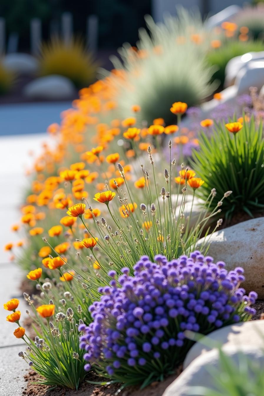 Colorful flowers and stones in a dry garden