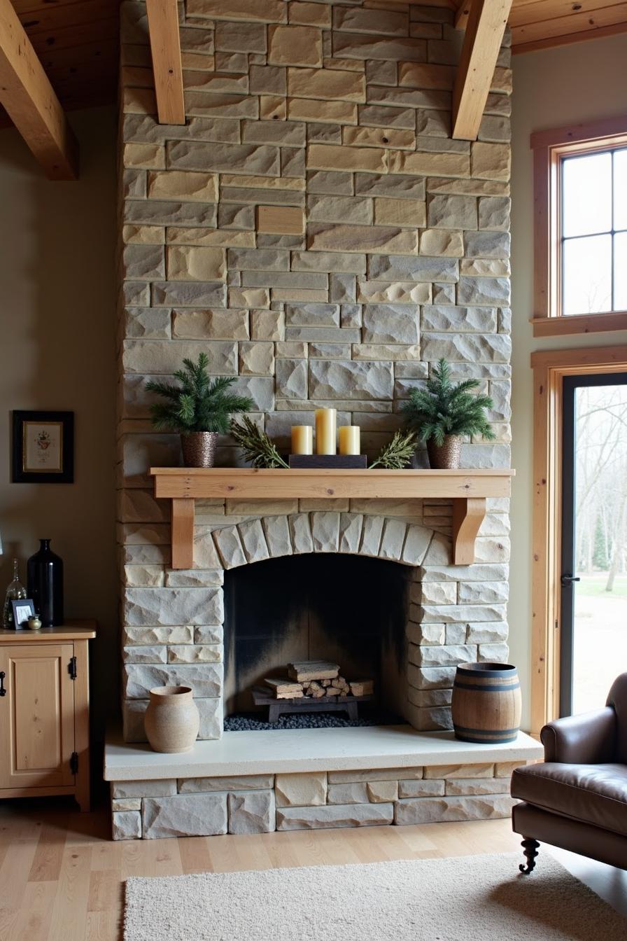 Large stone fireplace with wooden mantle and rustic decor