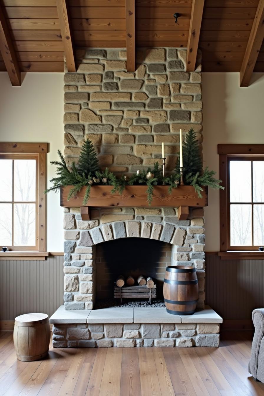 Rustic fireplace with stone design and wood accents