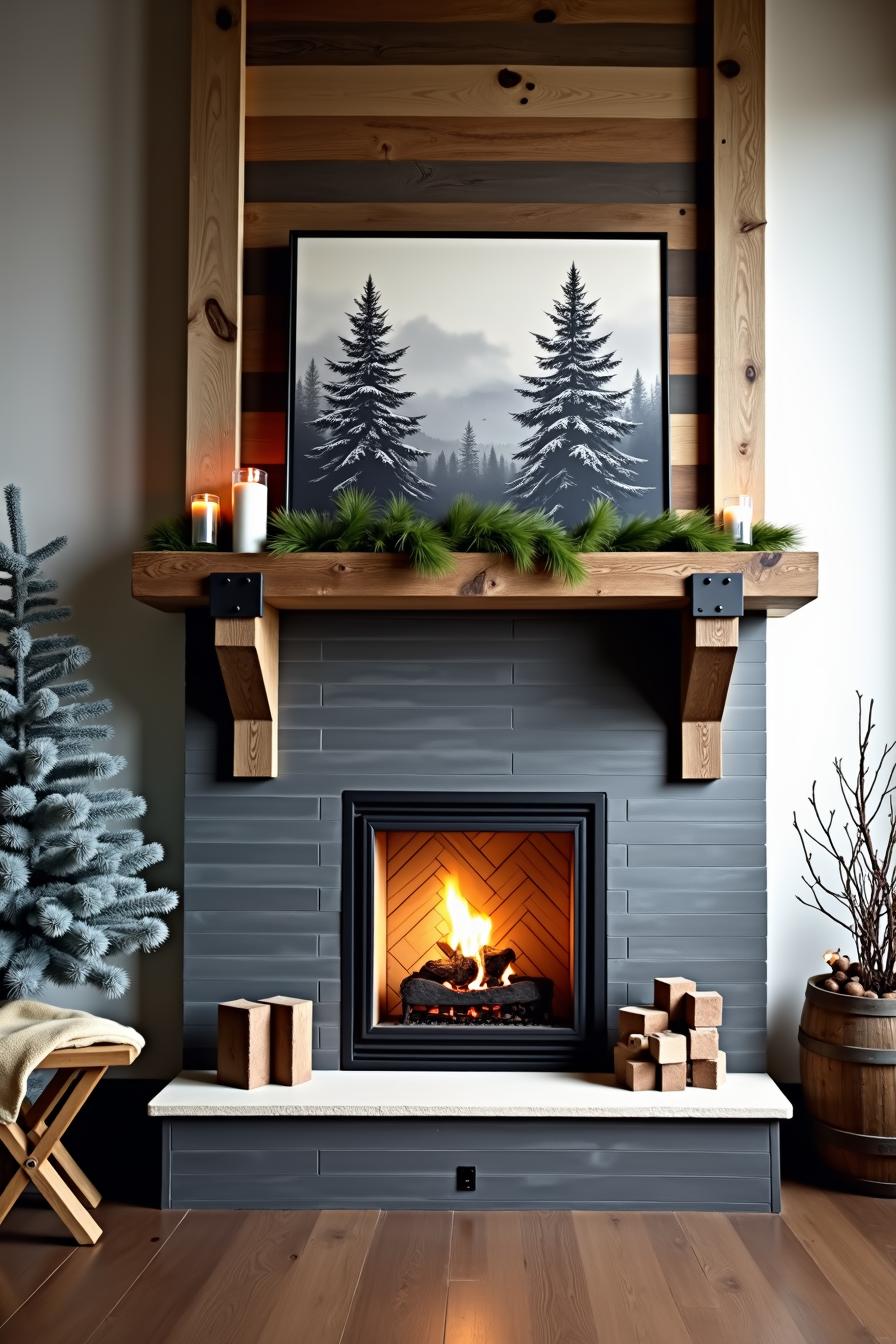 Elegant farmhouse fireplace adorned with wood and greenery