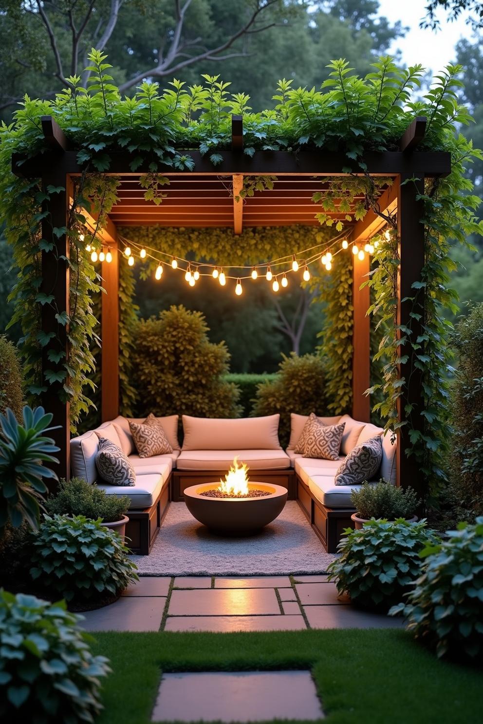 Cozy nook with string lights and fire pit under a pergola